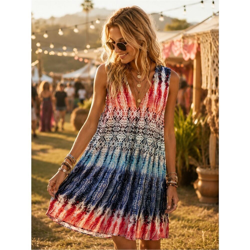 Tart Boho Chic White & Blue Sleeveless Mini Dress